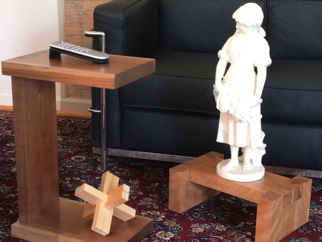 Walnut Night Table and Birch Stool With Statue